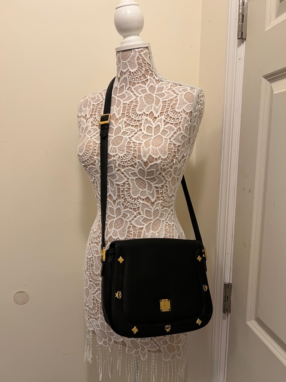 MCM Black Leather Crossbody Bag with Gold Accents - Picture 14 of 15